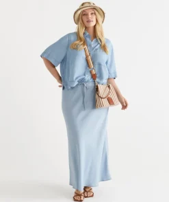 Sussan Tops|Matching Sets>Chambray Boxy Short Sleeve Shirt