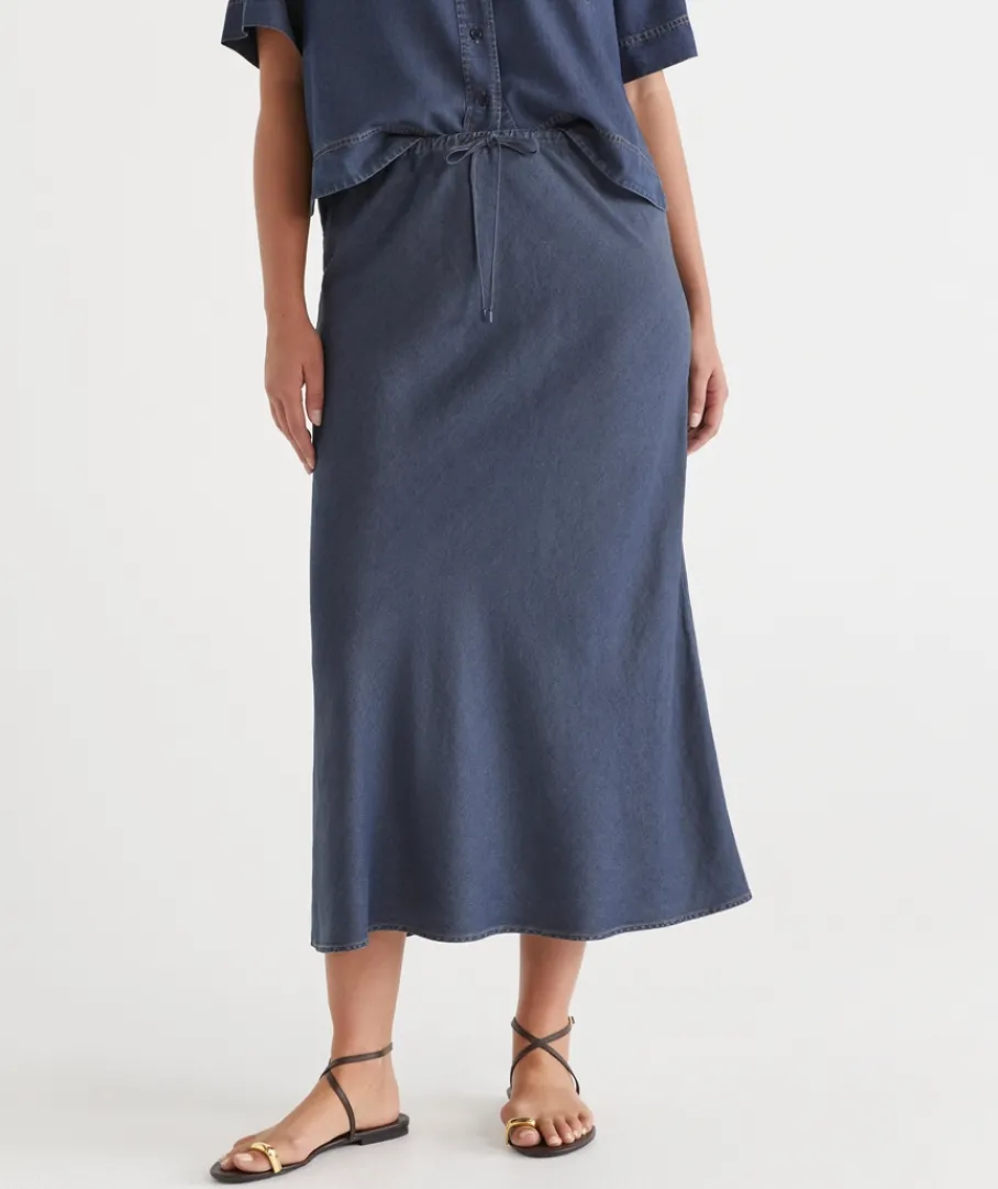 Sussan Skirts>Chambray Drawstring Midi Skirt