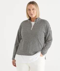 Sussan Tops|T-Shirts>Lightweight Quarter-Zip Jumper - Black Stripe