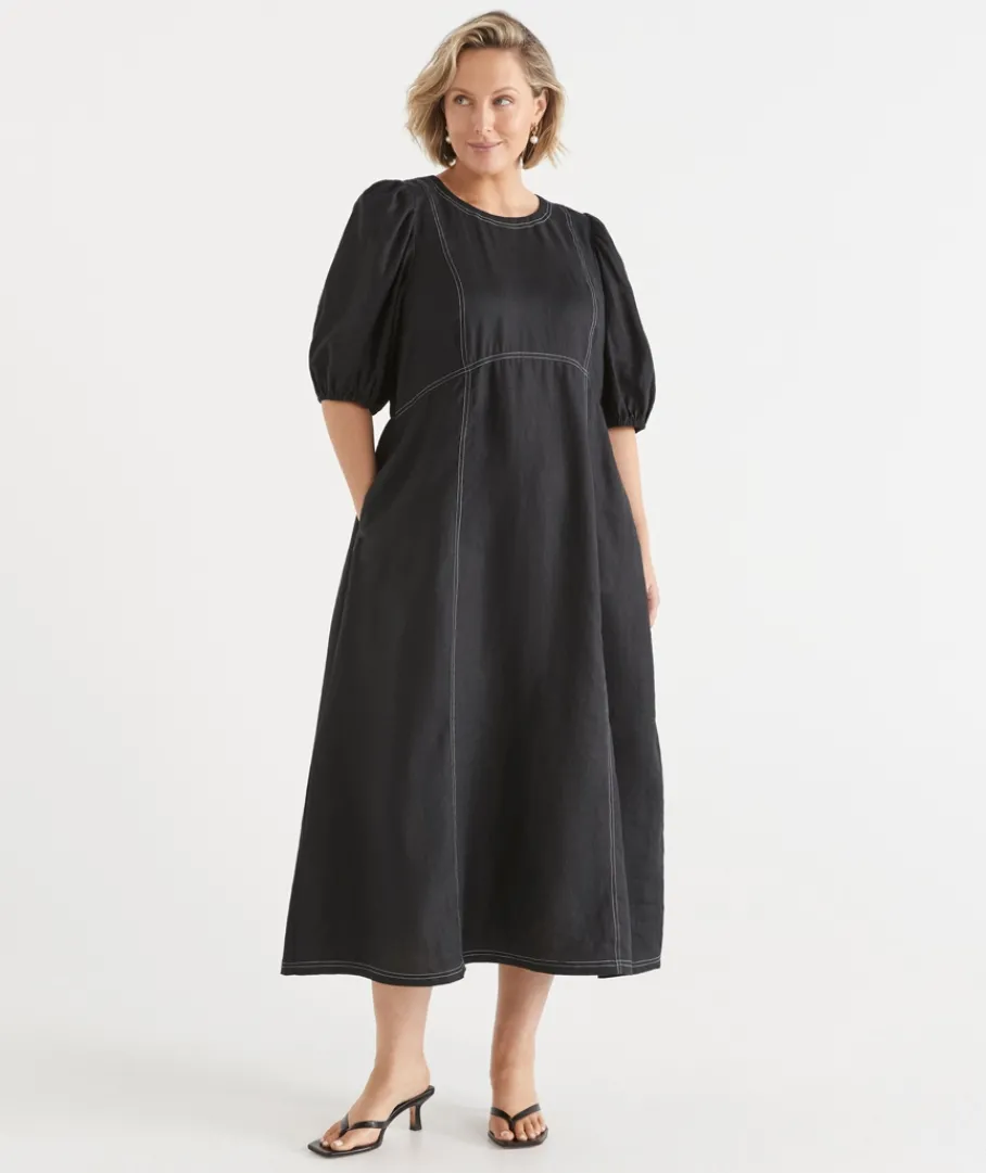 Sussan Dresses>Linen Stitch Detail Short Sleeve Midi Dress