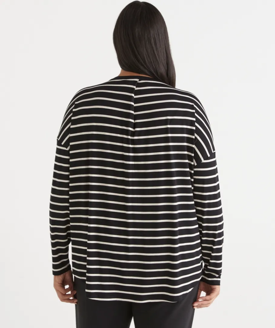 Sussan Tops|T-Shirts>Long Sleeve Stripe Pleat Back Tee -