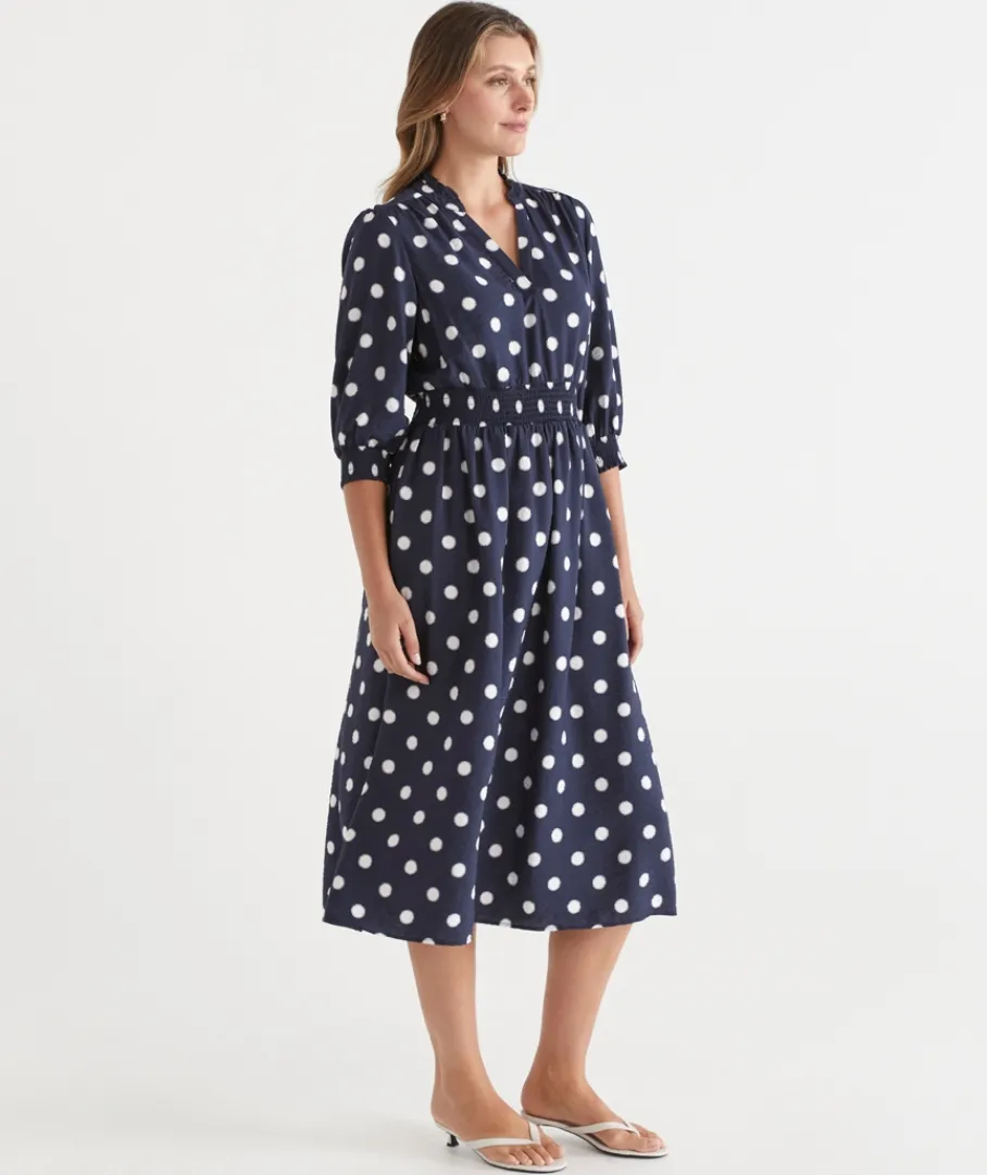 Sussan Dresses>Polka Dot Shirred Waist Dress