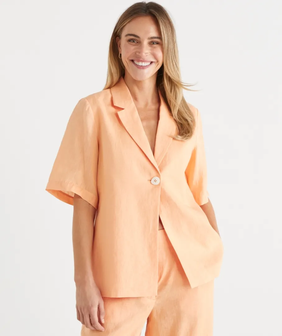 Sussan Jackets & Coats|Tops>Relaxed Fit Short Sleeve Linen Blazer