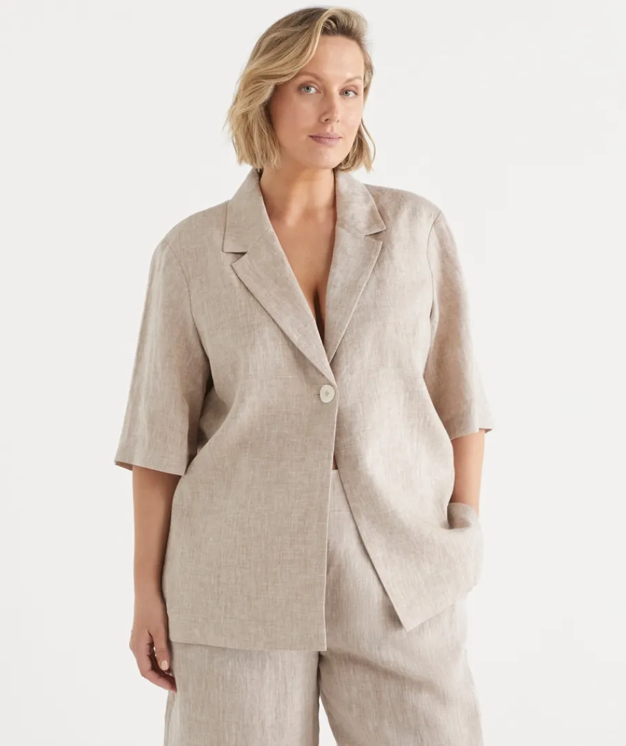 Sussan Jackets & Coats|Tops>Relaxed Fit Short Sleeve Linen Blazer