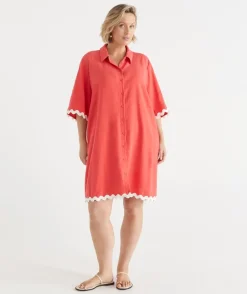 Sussan Dresses>Ric Rac Short Sleeve Shirt Dress