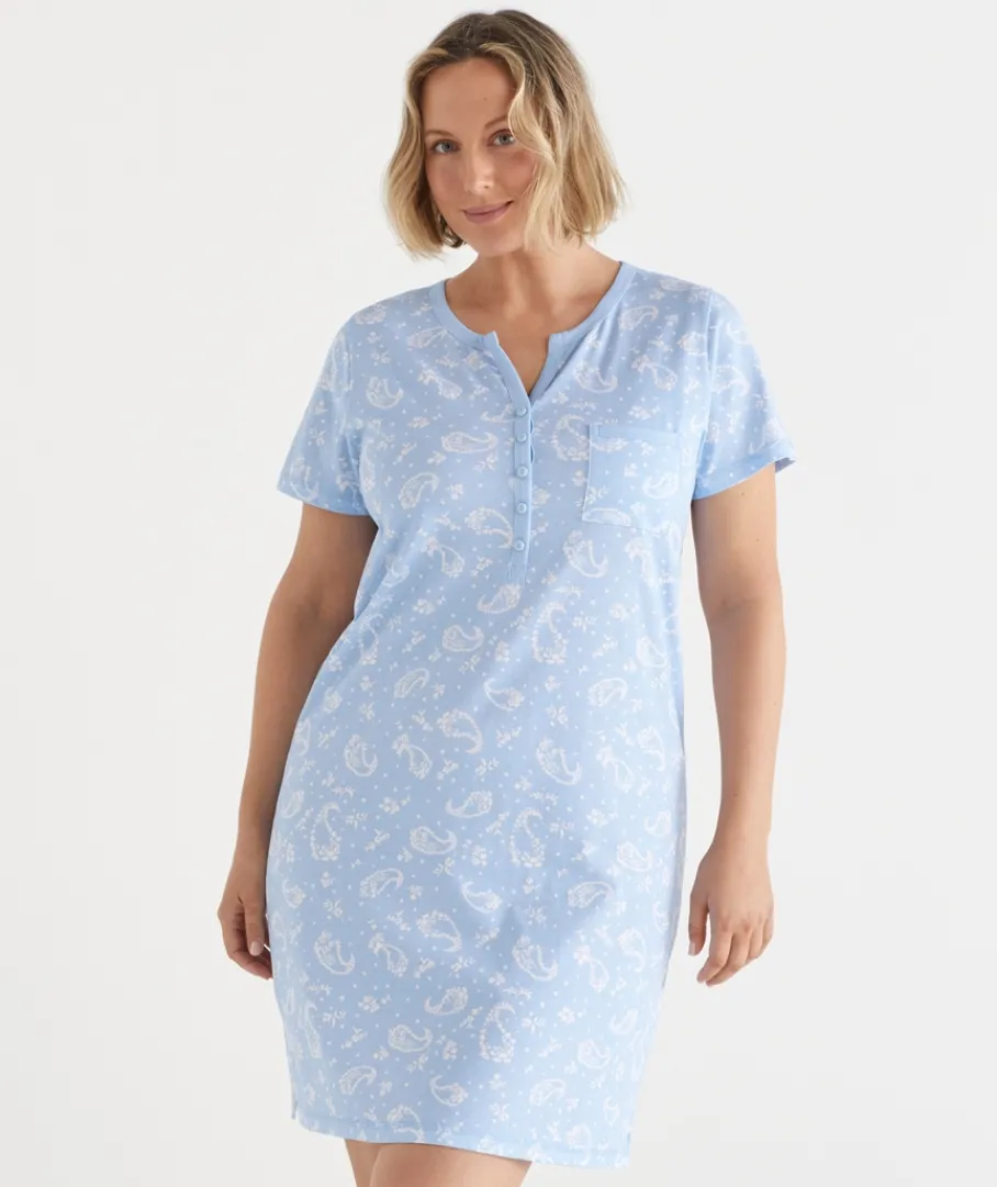 Sussan Nighties>Short Sleeve Paisley Placket Nightie